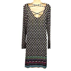 NWT Loveappella Charming Black Multi Colored Design Kasi Knit Dress Caged Back